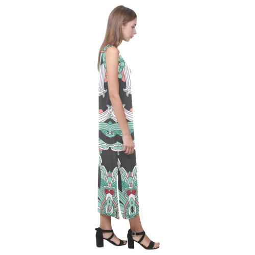 Zandine 0207 vintage green floral pattern Phaedra Sleeveless Open Fork Long Dress (Model D08)