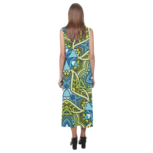 zandine 0401 blue green leaf water pattern Phaedra Sleeveless Open Fork Long Dress (Model D08)