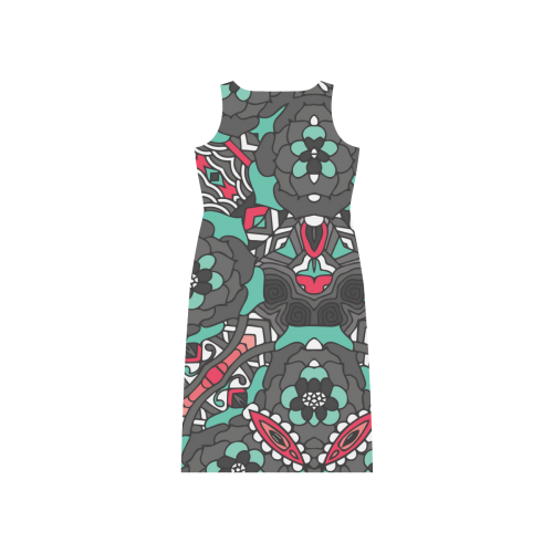 Mariager - black pink & teal - rose flowers Phaedra Sleeveless Open Fork Long Dress (Model D08)