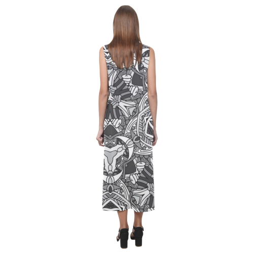 Zandine 0301 black white abstract garden Phaedra Sleeveless Open Fork Long Dress (Model D08)