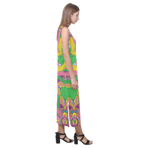 Zandine 0204 pink green yellow bold floral pattern Phaedra Sleeveless Open Fork Long Dress (Model D08)