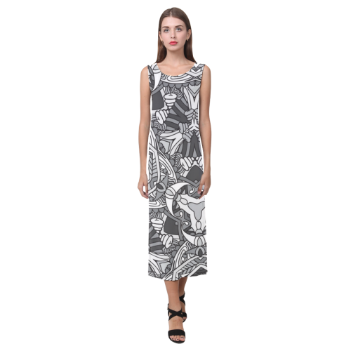 Zandine 0301 black white abstract garden Phaedra Sleeveless Open Fork Long Dress (Model D08)