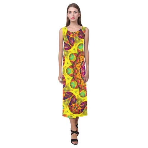 Bright yellow, pink, orange green hippie mandala Phaedra Sleeveless Open Fork Long Dress (Model D08)