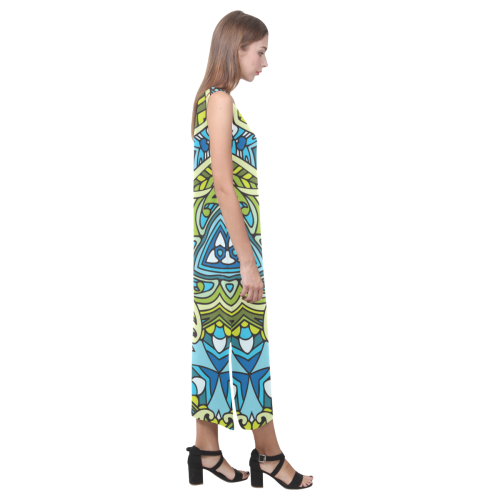 zandine 0401 blue green leaf water pattern Phaedra Sleeveless Open Fork Long Dress (Model D08)