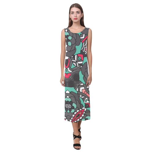 Mariager - black pink & teal - rose flowers Phaedra Sleeveless Open Fork Long Dress (Model D08)