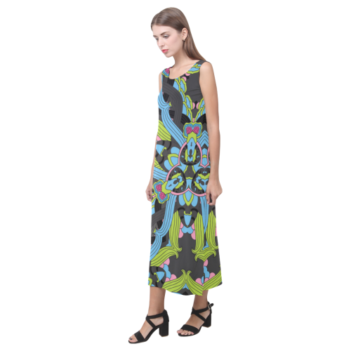 Zandine 0202 blue green floral pattern Phaedra Sleeveless Open Fork Long Dress (Model D08)