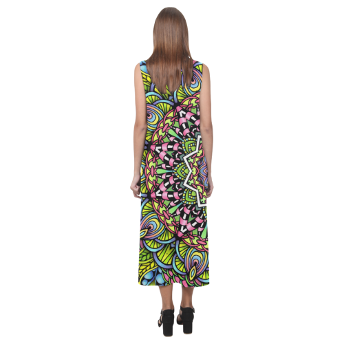 Psychedelic leaves bright colorful mandala Phaedra Sleeveless Open Fork Long Dress (Model D08)