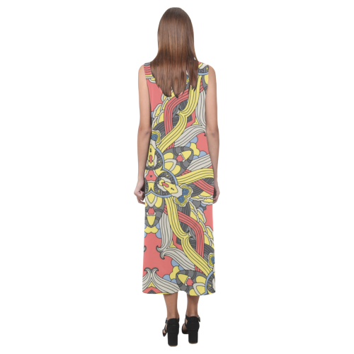 Zandine 0201 pink yellow vintage floral pattern Phaedra Sleeveless Open Fork Long Dress (Model D08)