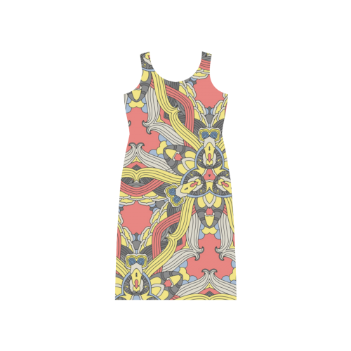 Zandine 0201 pink yellow vintage floral pattern Phaedra Sleeveless Open Fork Long Dress (Model D08)