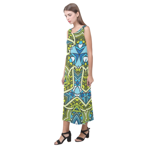 zandine 0401 blue green leaf water pattern Phaedra Sleeveless Open Fork Long Dress (Model D08)