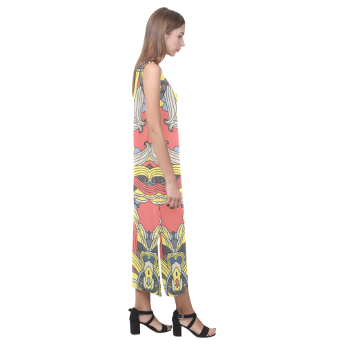 Zandine 0201 pink yellow vintage floral pattern Phaedra Sleeveless Open Fork Long Dress (Model D08)