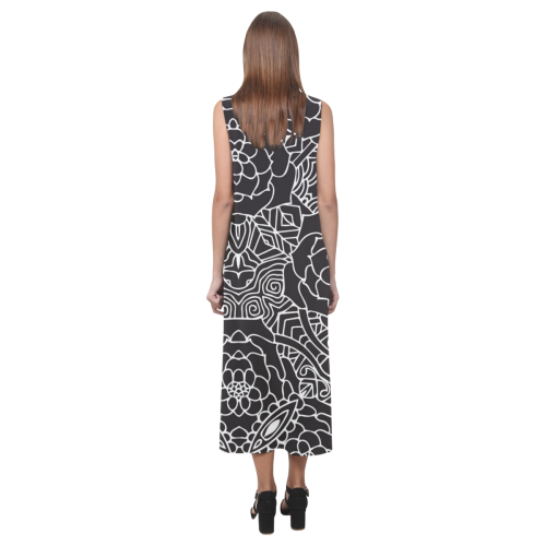 Mariager-Black & White- rose flowers Phaedra Sleeveless Open Fork Long Dress (Model D08)