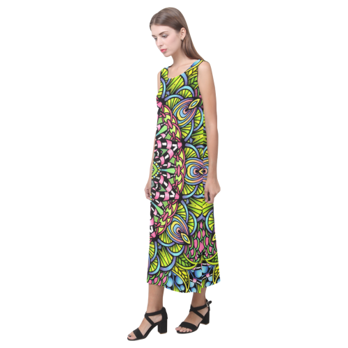 Psychedelic leaves bright colorful mandala Phaedra Sleeveless Open Fork Long Dress (Model D08)