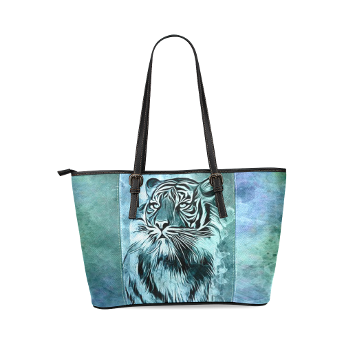 Watercolor Tiger Leather Tote Bag/Small (Model 1640)