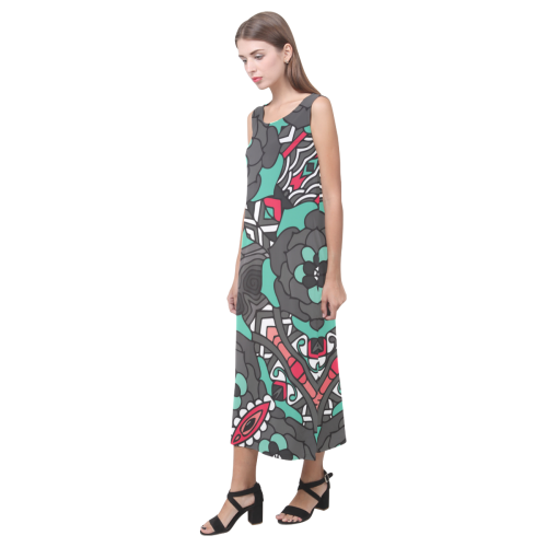 Mariager - black pink & teal - rose flowers Phaedra Sleeveless Open Fork Long Dress (Model D08)