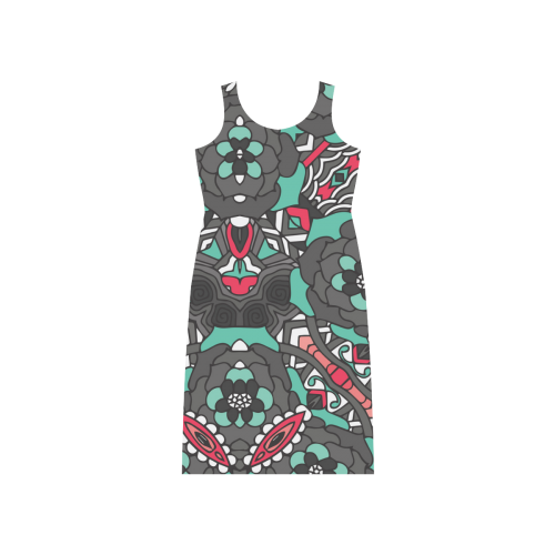 Mariager - black pink & teal - rose flowers Phaedra Sleeveless Open Fork Long Dress (Model D08)