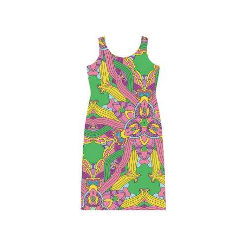 Zandine 0204 pink green yellow bold floral pattern Phaedra Sleeveless Open Fork Long Dress (Model D08)