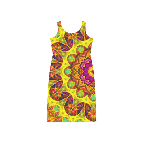 Bright yellow, pink, orange green hippie mandala Phaedra Sleeveless Open Fork Long Dress (Model D08)