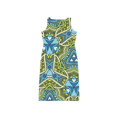 zandine 0401 blue green leaf water pattern Phaedra Sleeveless Open Fork Long Dress (Model D08)