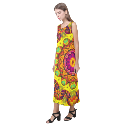 Bright yellow, pink, orange green hippie mandala Phaedra Sleeveless Open Fork Long Dress (Model D08)