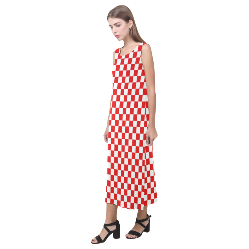 Bright Red Gingham Phaedra Sleeveless Open Fork Long Dress (Model D08)