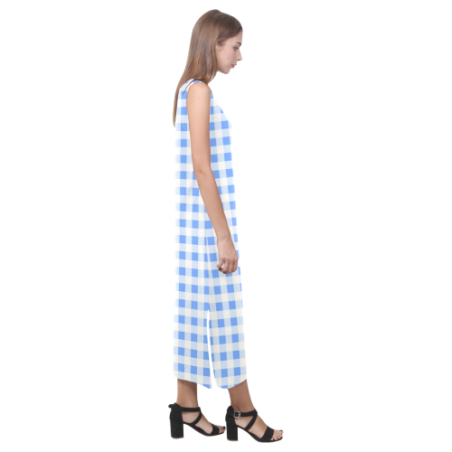 Sky Blue Gingham Phaedra Sleeveless Open Fork Long Dress (Model D08)