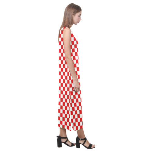 Bright Red Gingham Phaedra Sleeveless Open Fork Long Dress (Model D08)