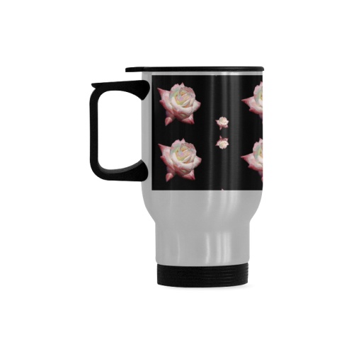 Flowers: Pink Roses with Enameled Effect Travel Mug (Silver) (14 Oz)