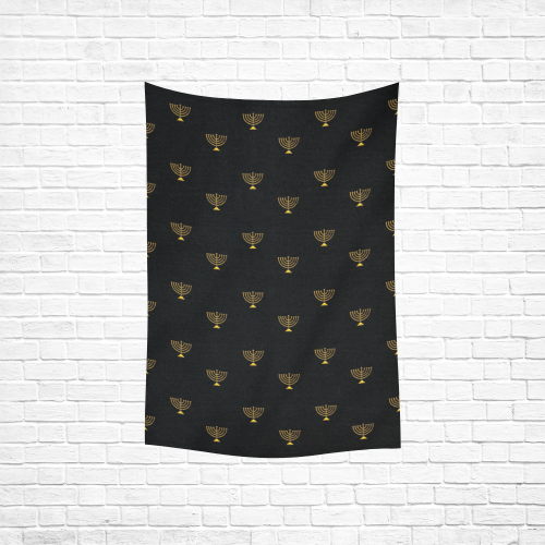 HOLIDAYS +: Golden Menorah on Black Cotton Linen Wall Tapestry 40"x 60"