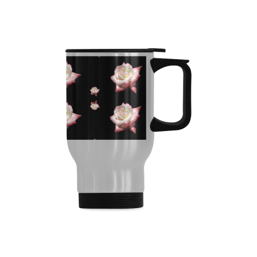 Flowers: Pink Roses with Enameled Effect Travel Mug (Silver) (14 Oz)