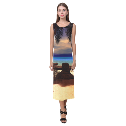 Awesome sunset over a tropical island Phaedra Sleeveless Open Fork Long Dress (Model D08)