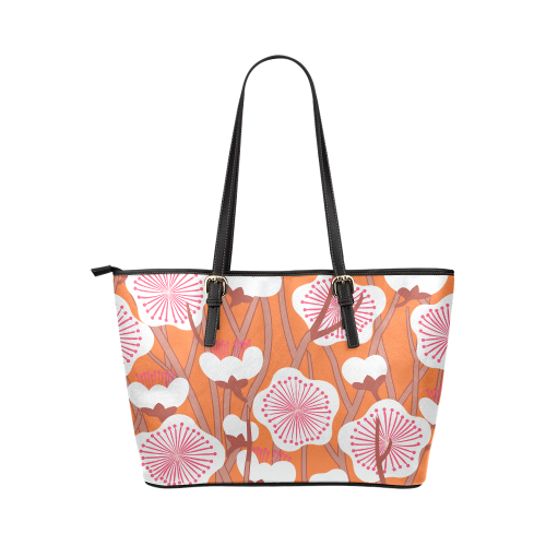 Elegant white flowers on orange Zakka style floral pattern Leather Tote Bag/Large (Model 1651)