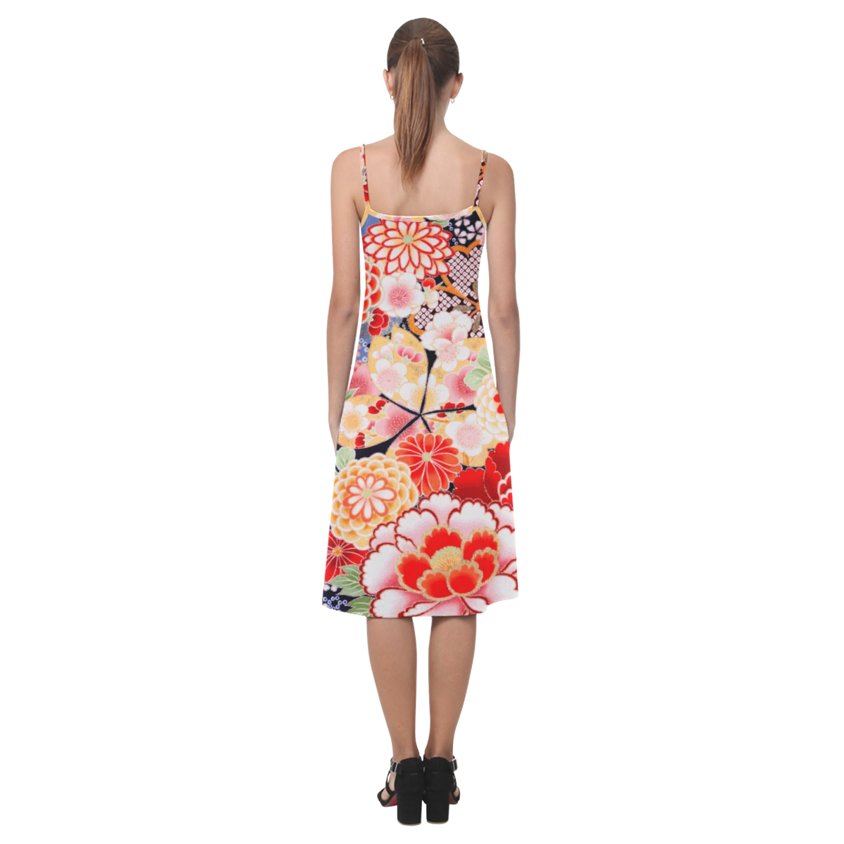 Beautiful Floral Japanese Kimono Pattern Alcestis Slip Dress (Model D05