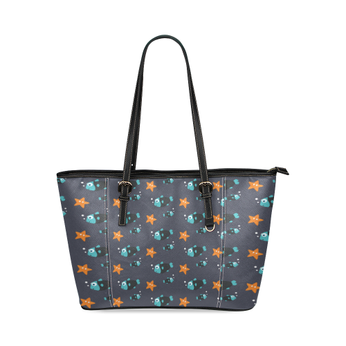 Blue fish and starfish   - sea and fish Leather Tote Bag/Small (Model 1640)