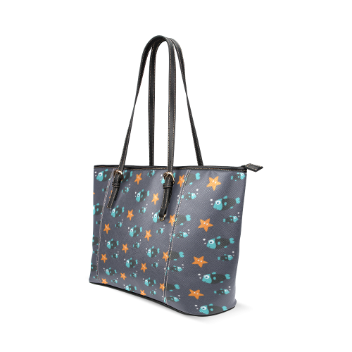 Blue fish and starfish   - sea and fish Leather Tote Bag/Small (Model 1640)