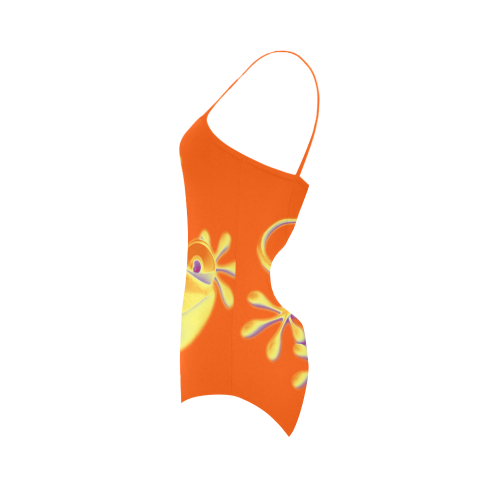 FUNNY SMILING GECKO yellow orange violet Strap Swimsuit ( Model S05)