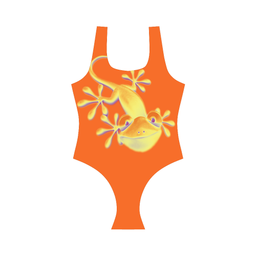 FUNNY SMILING GECKO yellow orange violet Vest One Piece Swimsuit (Model S04)