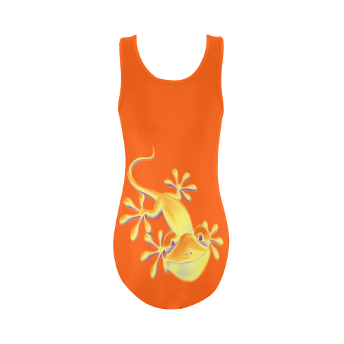 FUNNY SMILING GECKO yellow orange violet Vest One Piece Swimsuit (Model S04)