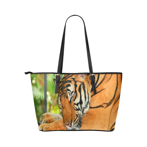 Sleeping Tiger Leather Tote Bag/Large (Model 1651)