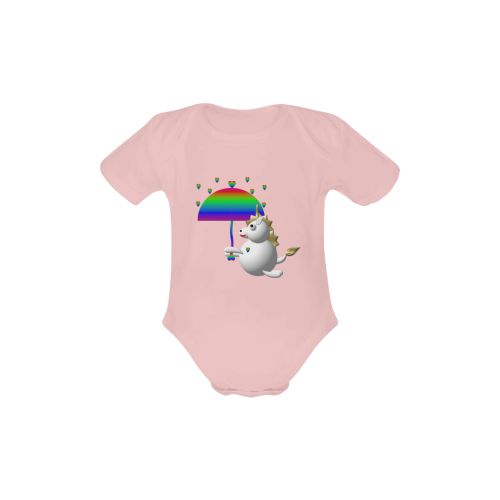 Cute Critters With Heart: Unicorn & Umbrella - Pink Baby Powder Organic Short Sleeve One Piece (Model T28)