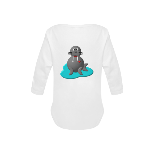 Cute Critters With Heart: Walrus in Water - White Baby Powder Organic Long Sleeve One Piece (Model T27)