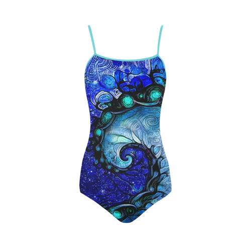 Scorpio Wave Turquoise Strap Swimsuit -- Nocturne of Scorpio Fractal Astrology Strap Swimsuit ( Model S05)