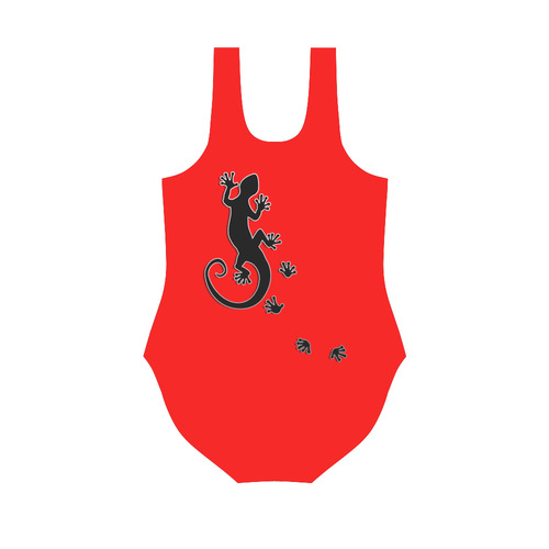 RUNNING GECKO with footsteps black Vest One Piece Swimsuit (Model S04)