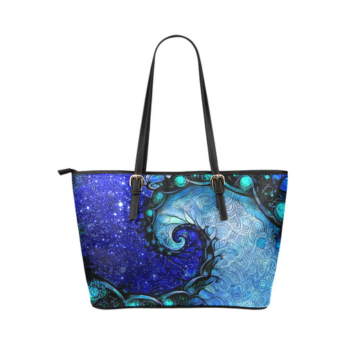 Scorpio Spiral Large Black Leather Tote -- Nocturne of Scorpio Fractal Astrology Leather Tote Bag/Large (Model 1651)