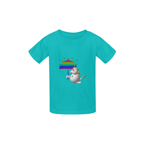 Cute Critters With Heart: Unicorn & Umbrella - Aqua Green Kid's  Classic T-shirt (Model T22)