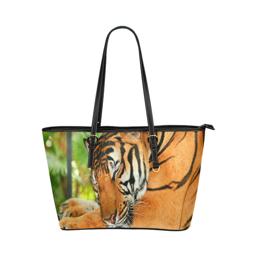 Sleeping Tiger Leather Tote Bag/Small (Model 1651)