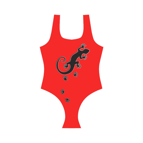 RUNNING GECKO with footsteps black Vest One Piece Swimsuit (Model S04)