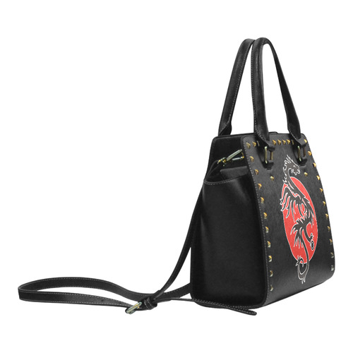 Sun Dragon with Pearl - black Red White Rivet Shoulder Handbag (Model 1645)