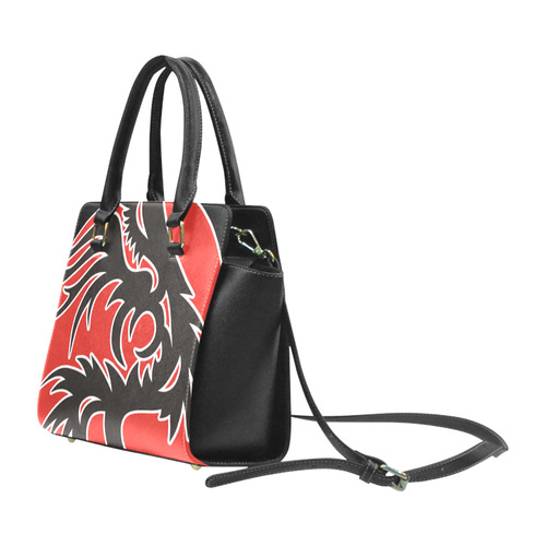 Sun Dragon with Pearl - black Red White Rivet Shoulder Handbag (Model 1645)