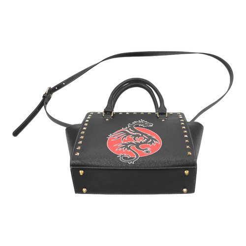 Sun Dragon with Pearl - black Red White Rivet Shoulder Handbag (Model 1645)